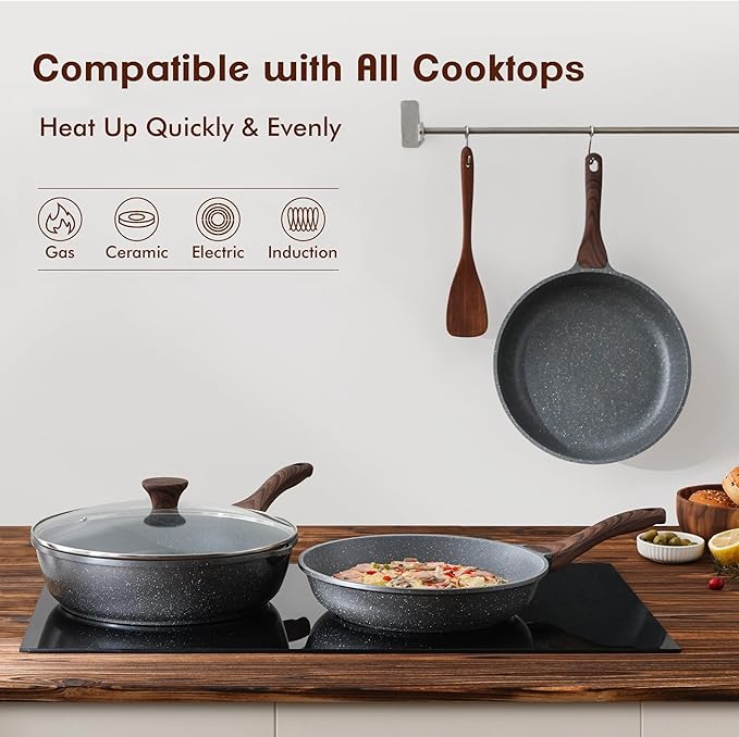 SENSARTE Nonstick Frying Pan Skillets, Swiss Granite Coating Omelette Pans, Healthy Cookware, Free of Intentionally Added PFOA (9.5 Inch Frying Pan and 5QT Saute Pan)