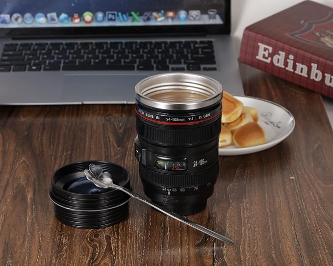 Camera Lens Coffee Mugs,Stainless Steel Lens Cups with Four Leaf Clover Spoon,Novelty Christmas Gifts for Photographers Sweeties Dad Men Women Photography Lovers