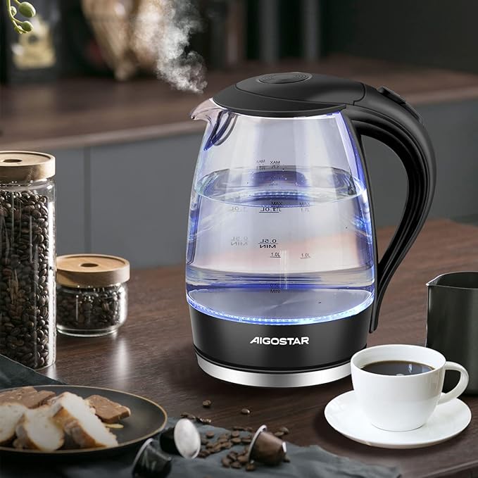 Aigostar Electric Kettle, 1500W Cordless Electric Tea and Hot Water Kettle with Filter, LED Illuminated, High Borosilicate Glass, No BPA, Auto Shutoff, Boil-Dry Protection, 360° Base, 1.7 Liter