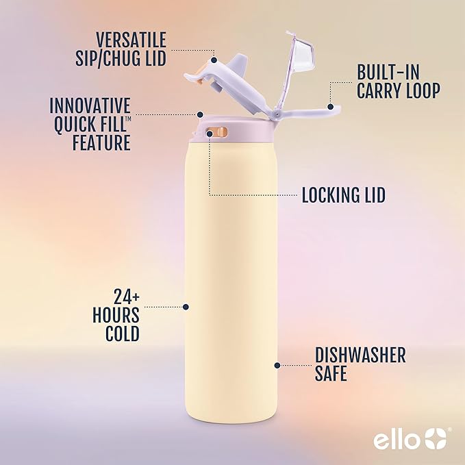 Ello Pop & Fill Stainless Steel Water Bottle with Quick Fill Technology, Double Walled Vacuum Insulated Metal, Leak Proof Locking Lid, Sip & Chug, BPA Free, Holiday Gift for Him Her, 22oz, 32oz, 40oz