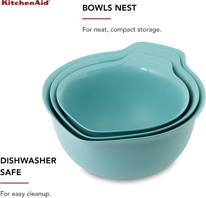 KitchenAid Universal Nesting Plastic Mixing Bowls with Non Slip Base and Pour Spout, Dishwasher Safe, Set Of 3, 2.5 quart, 3.5 quart and 4.5 quart, Aqua Sky