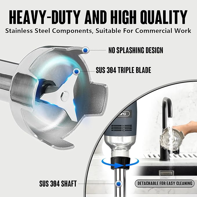 VONCI 750W Commercial Immersion Blender, Electric Hand Blender with 12" Detachable Shaft, Variable Speed 8000-19000RPM,Industrial Immersion Blender for Restaurant Kitchen.Extra Heavy Duty Hand Mixer.