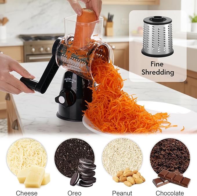 JIUMEXES Rotary Cheese Grater Hand Crank with 3-in-1 Blades – Fast, Safe & Effortless Grating, Perfect for Cheese, Vegetables & Chocolate, BPA-Free, Stable Suction Base