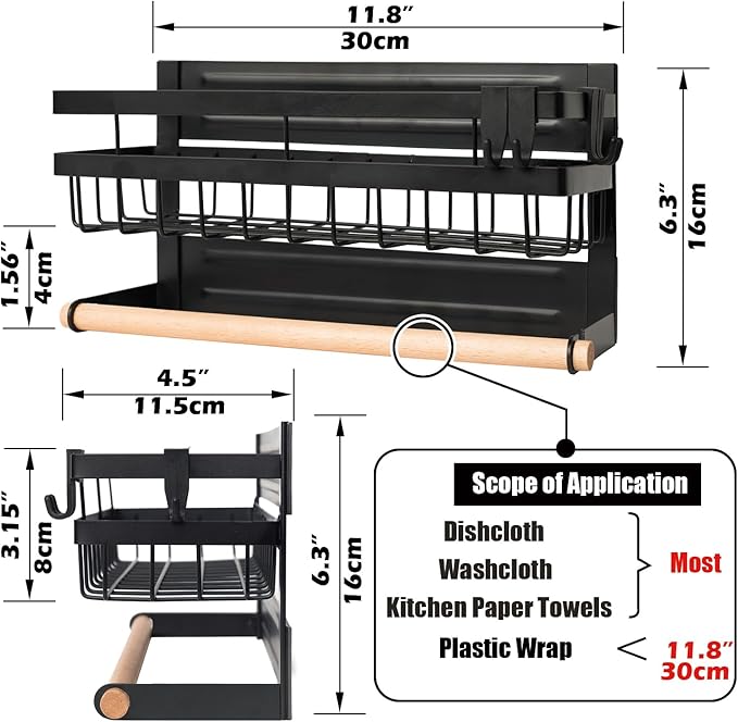Sleclean Magnetic Spice Rack Organizer for Refrigerator, 2 Pack, Magnetic Paper Towel Holder, Kitchen Magnetic Shelf,11.8"x4.5"x6.3",Black