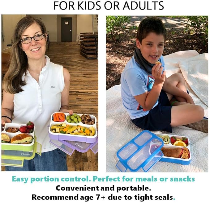 Bento Lunch Box for Kids or Adults, Snack Containers for Boys, Girls, School Daycare Work, 3 Divided Compartments Meal Planning Portion Control, BPA-Free Boxes, Utensils | Blue Purple 2 pack