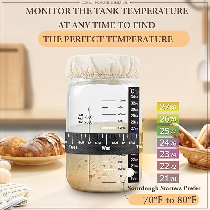 Sourdough Starter Jar, 34OZ Sourdough Starter Kit with Date Marked Feeding Band, Thermometer Cloth Cover, Metal Lid, Reusable Sourdough Bread Baking Supplies, Home Baking Gifts
