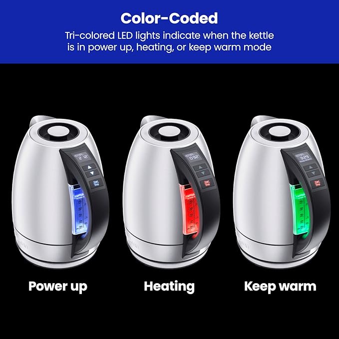 Chefman Electric Tea Kettle, 1.8 Liter Hot Water Electric Kettle Temperature Control Water Boiler with 5 Presets, Tri-Colored LED Lights, Keep Warm, Automatic Shutoff, Stainless