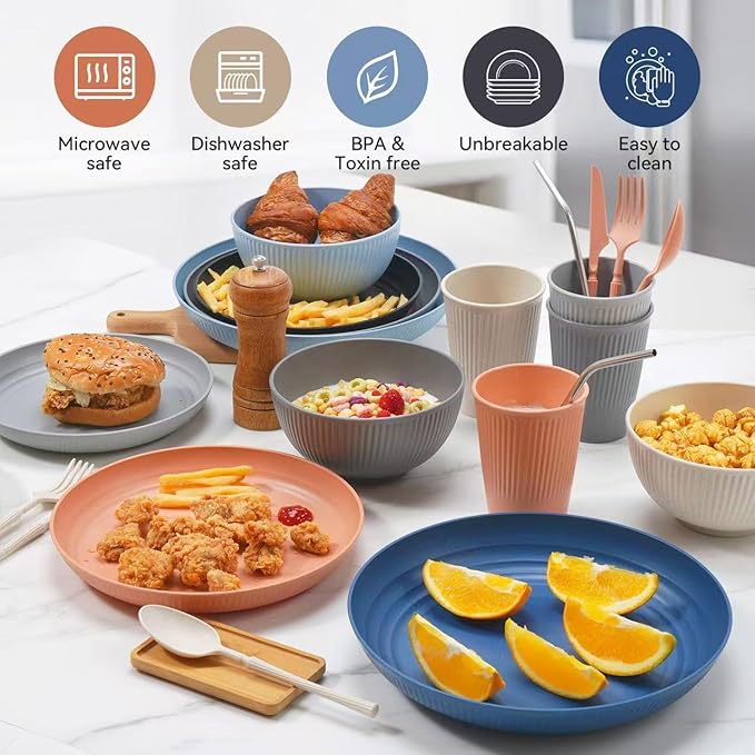 Wheat Straw Dinnerware Sets,64-Piece Plates and Bowls Sets for 8-Unbreakable,Reusable Plastic Dish Set-Dinner Plate/Dessert Plate/Cereal Bowl/Cup/Utensils-Dishwasher Safe 64P-JadePeak Lake Sunset
