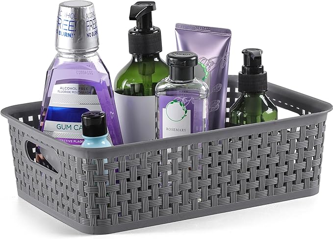NETANY Plastic Storage Baskets - 8 Pack, Gray, Durable, Easy to Use, Flexible, Multi-Purpose, Ideal for Closets, Cabinets, Shelves, Countertops