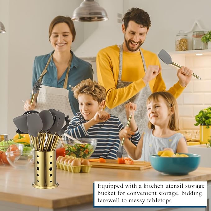 Gold Kitchen Utensils Set, Kyraton 38 Pieces Non-Stick Silicone Cooking Utensils Set, Spoon Spatula Set with Sturdy Stainless Steel Utensil Holder, Dishwasher Safe
