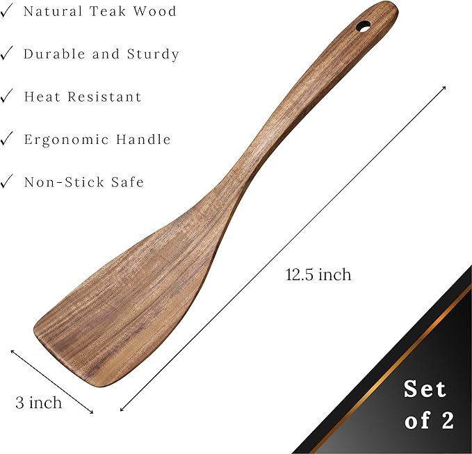 2 Pcs Wooden Spatula for Cooking Flat Wooden Spatula Set 12.5 inch Teak Spatula Set Flat Spatula for Non Stick Frying Pan Wood Cooking Utensils Set Wood Kitchen Utensils Set for Cooking
