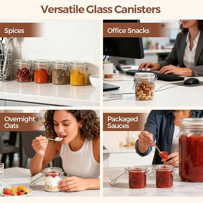 ComSaf 8oz Small Airtight Glass Jars Set of 6 with Lid Food Storage Jar Round, Mini Storage Container with Clear Preserving Seal Wire Clip Fastening for Kitchen Canning, Jam, Spice, Honey, Mason Jars