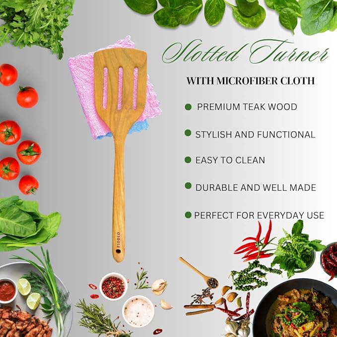 Teak Wooden Spatula, Spoons & Slotted Turner for Cooking – Natural Non-Stick, Handcrafted Kitchen Utensils with Comfort Grip & Microfiber Cloth