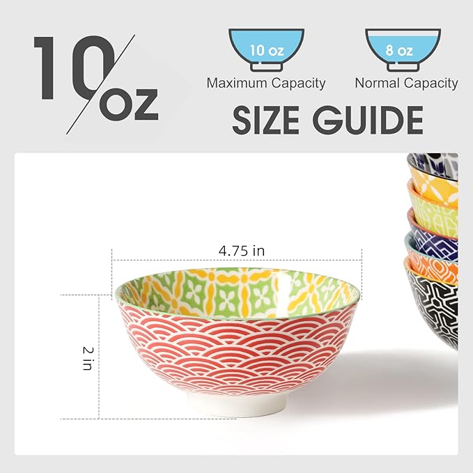 Dessert Bowls, Small Colorful Bowls 10 Oz, Ceramic Bowl Set for Ice Cream, Decorative Bowls for Snack Soup Condiments, Side Dishes, Set of 6