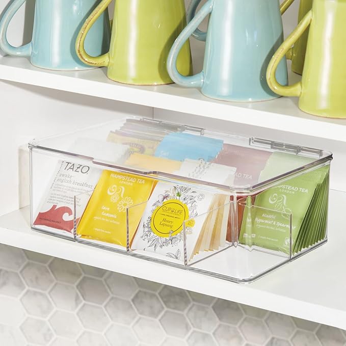 mDesign Tea Bag Single Serve Pouch Divided Box Holder Organizer, Clear
