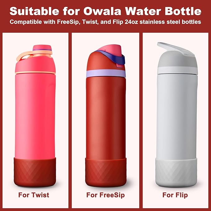 2PCS Silicone Water Bottle Boot for Owala 24oz, Protective Bottom Bumper Anti-Slip Sleeve for FreeSip, Twist, and Flip Stainless Steel Bottles, Dishwasher Safe and BPA Free