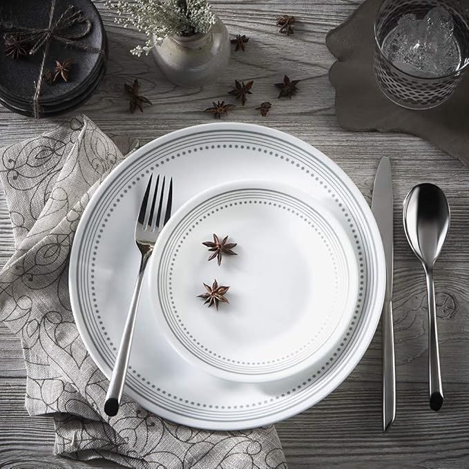 Corelle Vitrelle 18-Piece Service for 6 Dinnerware Set Triple Layer Glass and Chip Resistant, Lightweight Round Plates and Bowls Set, Mystic Gray
