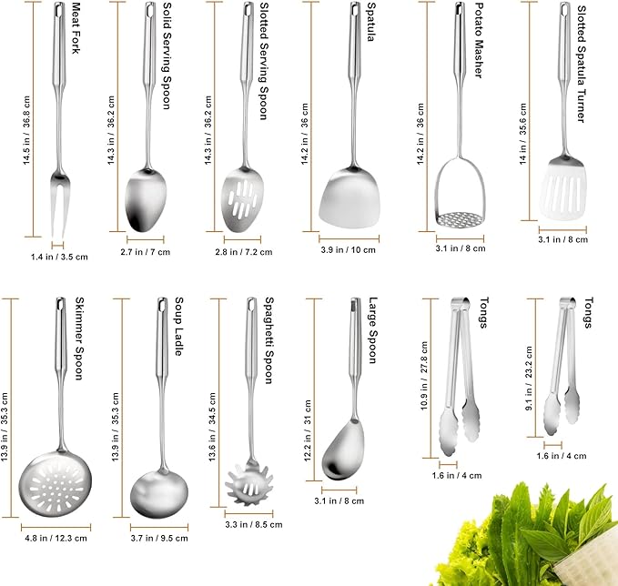 304 Stainless Steel Kitchen Utensils Set, 12 Pcs Long Metal Utensils Set with Potato Masher, Spoon, Ladle, Skimmer, Turner, Pasta Server, Tongs etc(Dishwasher Safe)
