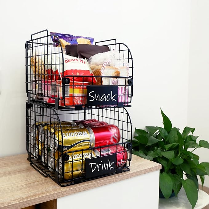 4 PACK Wire Stackable Baskets for Organizing,Fruit Basket for Kitchen,Pantry organizers and storage,12"x10.4"x7.8" Metal Baskets,Vegetable,Fruit,Snack,Onion,Potato,Can,K-Cup Organization,Black