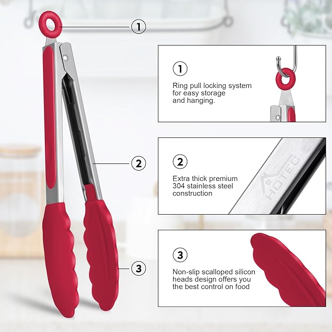 HOTEC Premium Stainless Steel Locking Kitchen Tongs with Silicon Tips, Set of 3-7", 9" and 12" (Red)