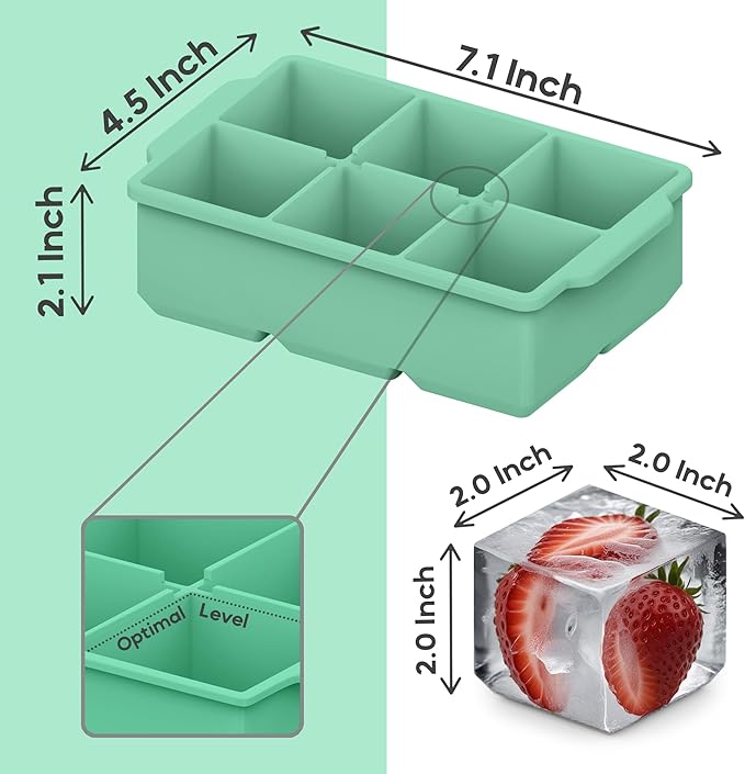 KitchFort Large Silicone Ice Cube Tray (2-Pack), Easy Release 2" Big Ice Cubes - Cocktail, Whiskey Ice Cubes Mold - Ice Trays for Freezer with Lid - Stackable Silicone Ice Tray - Green