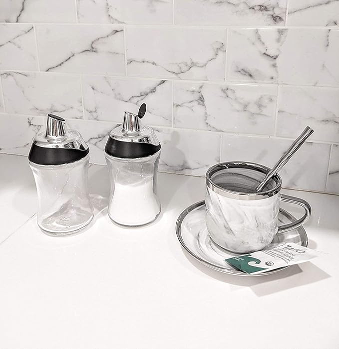 J&M Design 2-Pack Sugar Dispenser & Shaker For Coffee, Cereal, Tea & Baking with Pour Spout and Lid for Easy Spoon Measuring Pouring - 7.5oz Glass Jar Container - Coffee Bar Accessories & Essentials