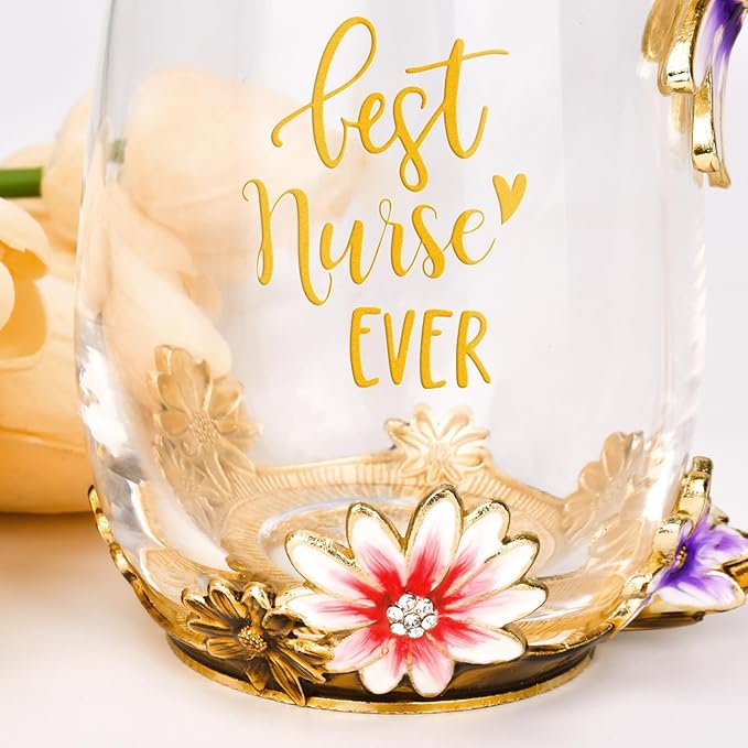 OEAGO Nurse Week Gifts for Women Tea Cup Nurses Day Gift for Nurse Doctor Assistant Appreciation Graduation Birthday Funny Present Enamel Flower Glass Mugs for Dentist from Patient Friends