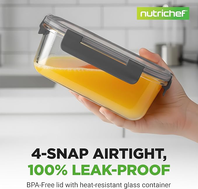 NutriChef 24pcs Glass Food Storage Containers, (12 Stackable Heavy Duty Meal Prep Containers w/ 12 Airtight Lids), Microwave, Freezer, & Dishwasher Safe for Food, Snacks, Fruit & More, (Gray)