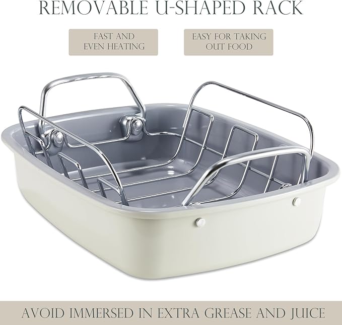 KITESSENSU Nonstick Turkey Roasting Pan with Rack 17 x 14 inch - Large Chicken Roaster Pan for Oven - Wider Handles & Heavy Duty Construction - Suitable for 24lb Turkey, Cream