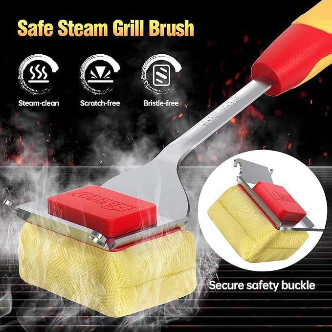 Grill Brush Bristle Free for Outdoor Grill, Steam Grill Cleaning Brush Replaceable BBQ Cleaner Brush Head,Extended Handle, Safe Grill Brush with Scraper for Cast Iron Stainless-Steel Grates,Red
