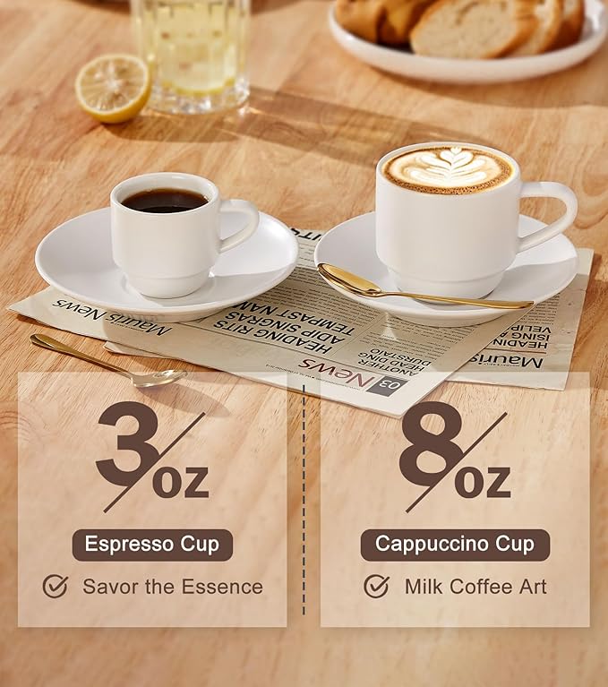 Lareina 8 Ounce Porcelain Cappuccino Cups Set of 4, Stackable Coffee Cups with Saucers, Spoons and Metal Stand -for Specialty Coffee Drinks, Cappuccino, Latte, Americano and Tea, White