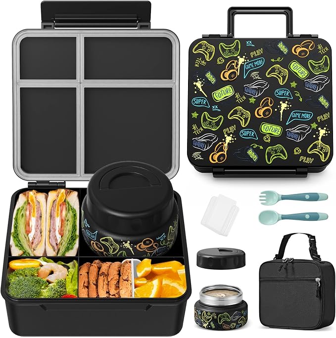 Kids Bento Lunch Box with Thermos, Leakproof Toddler Bento Box with 9 OZ Insulated Food Jar, Lunch Bag & Utensils 3 or 4 Compartment Container for School Girls Boys