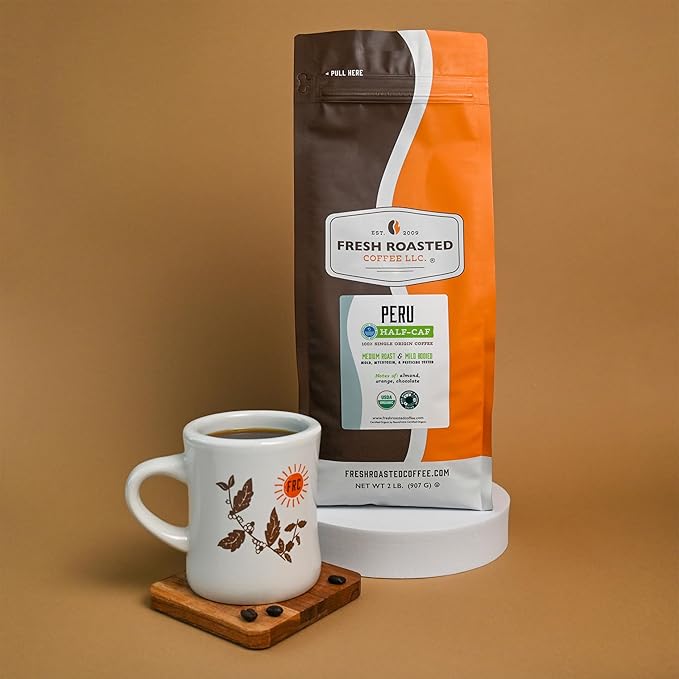 Fresh Roasted Coffee, Organic Peru Water-Processed Half-Caf | Mold & Myco 3rd Party Tested, USDA Organic, Kosher | Med Roast 2 lb (32 oz) Whole Bean