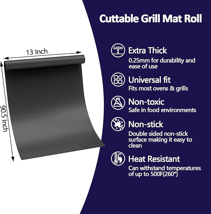 UBeesize 13x90 Inch Grill Mats Roll for Outdoor Grill- Heavy Duty Non-Stick BBQ Grilling Mat & Oven Liner, Reusable, Easy to Clean - Cut to Custom Fit Oven, Gas, Charcoal, and Electric BBQ