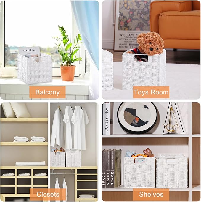 Vagusicc Wicker Storage Basket, Set of 2 Hand-Woven Storage Baskets for Organizing, White Foldable Cube Storage Bins Organizer, 9 x 9 Inch Square Wicker Storage Baskets for Shelves Pantry Decor