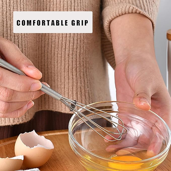 Mini Wire Whisk, 2-Pack - 8 & 10 Inch Small Whisk for Cooking - Ergonomic Spiral Handle, 304 Stainless Steel - Ideal for Whisking, Beating, Blending & Mixing Sauces - Silver
