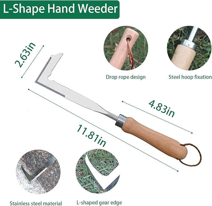 3 Pack Weed Puller Tool, Manual Stainless Steel Weeding Tool, L-Shape Crack Sickle and 4 Teeth Weeder Tool with Gloves for Lawn Vegetable Garden Farm Planting