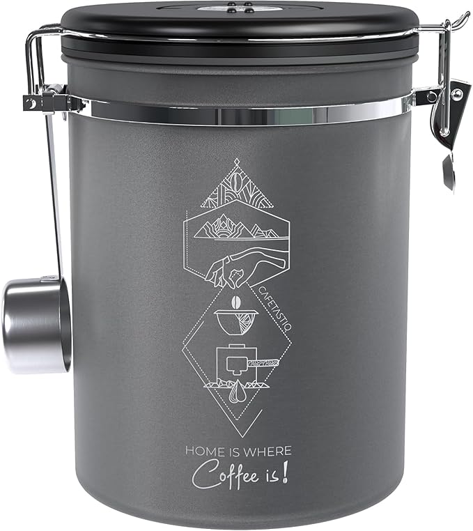 Coffee Canister – Airtight Stainless Steel Storage Container with Date Tracker & Scoop, Sealed Jar for Grounds, Beans, Tea, Flour, Cereal, and Sugar (Gray Home, 22OZ)