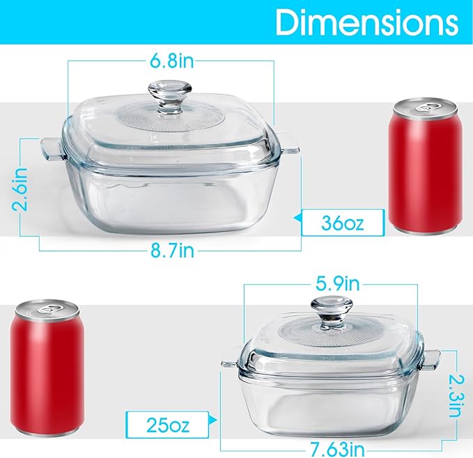 NUTRIUPS Mini Glass Casserole Dish with Lid Oven Safe Square Casserole Dish Set 2 Pack (5.9in+6.8in) Microwave Bowl With Glass Lid （0.8L+1.2L）