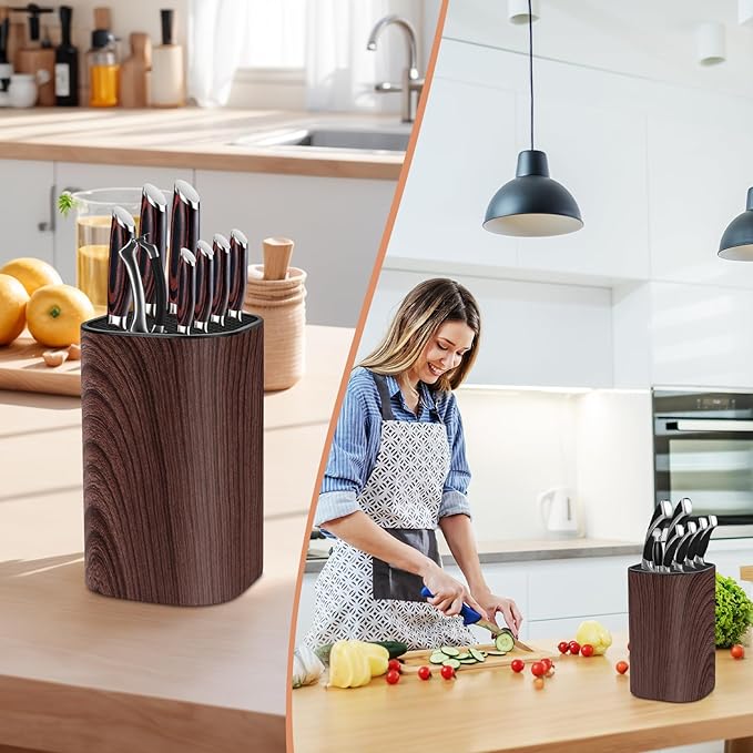 Ninonly Knife Block Without Knives 3 in 1 Universal Square Knife Holder Without Knives with Scissors Slot and Sharpening Rod Detachable Kitchen Knife Holder for Easy Cleaning Space Saver Brown