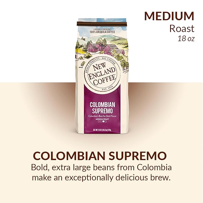 New England Coffee Colombian Supremo Medium Roast Ground Coffee, 18oz Bag (Pack of 1)