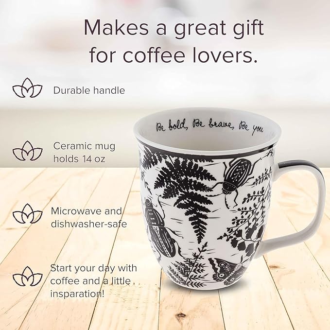 Karma Gifts 16 oz Black and White Boho Mug Beetle - Cute Coffee and Tea Mug - Ceramic Coffee Mugs for Women and Men