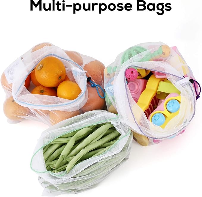 SPLF 12 Pcs Heavy Duty Reusable Mesh Produce Bags, Barcode Scanable See Through Food Safe Mesh Bags with Drawstring for Fruits, Vegetable, Food, Toys, Grocery Storage, Large Medium Small