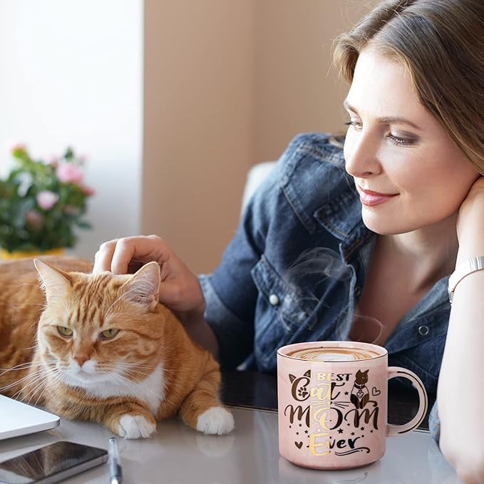Cat Mom Gifts for Women, Cat Gifts for Cat Lovers - Best Cat Mom Ever - 14oz Pink Ceramic Marble Gold Pattern Coffee Mug with Gift Box, Christmas gifts for Crazy Cat Lady, Mom Wife Daughter Friends
