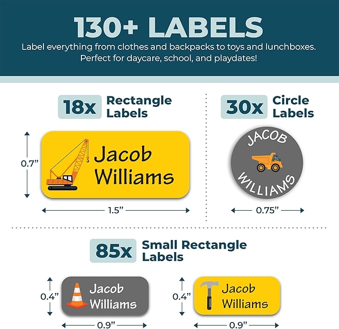Personalized Daycare Name Labels for Kids (130 Labels) - Custom Waterproof Name Stickers for Clothing Tags, Water Bottles, Lunch Boxes and School Supplies (Construction)