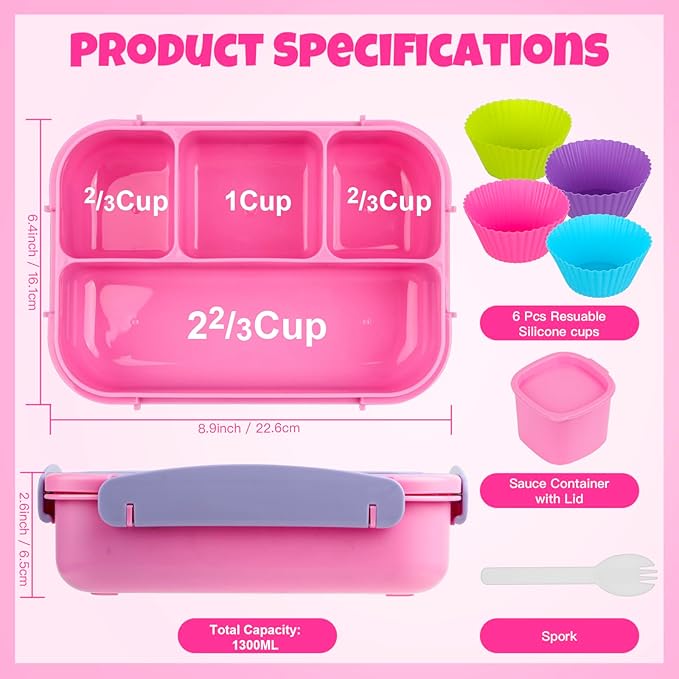 MaMix Bento Lunch Box, 4-Compartment Adult & Kids Lunch Containers (1300ML, Purple)