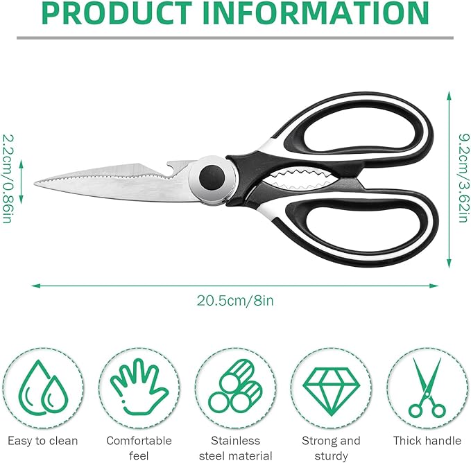 Multipurpose kitchen scissors, heavy duty meat poultry scissors, spice scissors, food cooking scissors, stainless steel utility scissors (2, white)