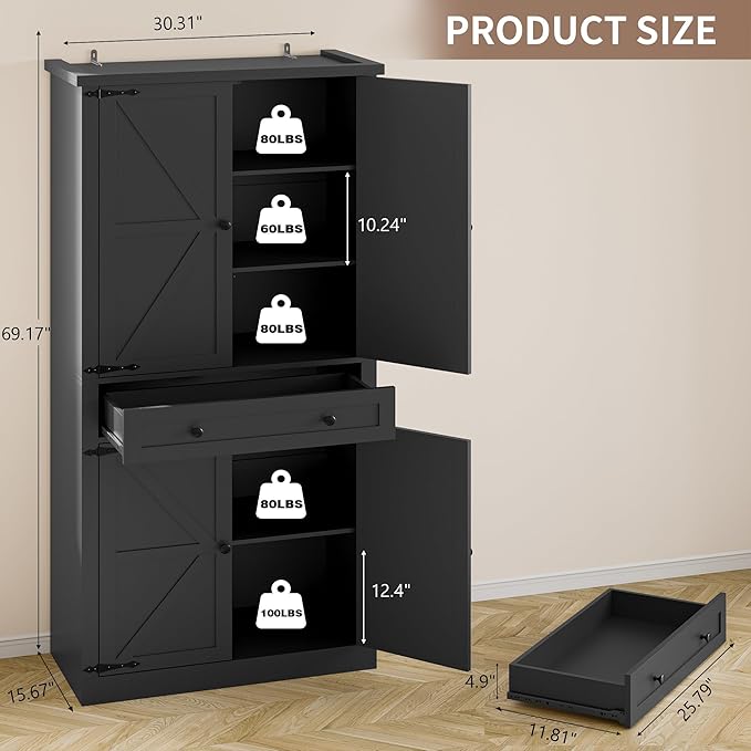 Pantry Organizers and Storage Cabinet, 70” Barn Door White Kitchen Cabinet with Drawers and Adjustable Shelf, Tall Pantry for Kitchen, Dining Room, Living Room Bedroom