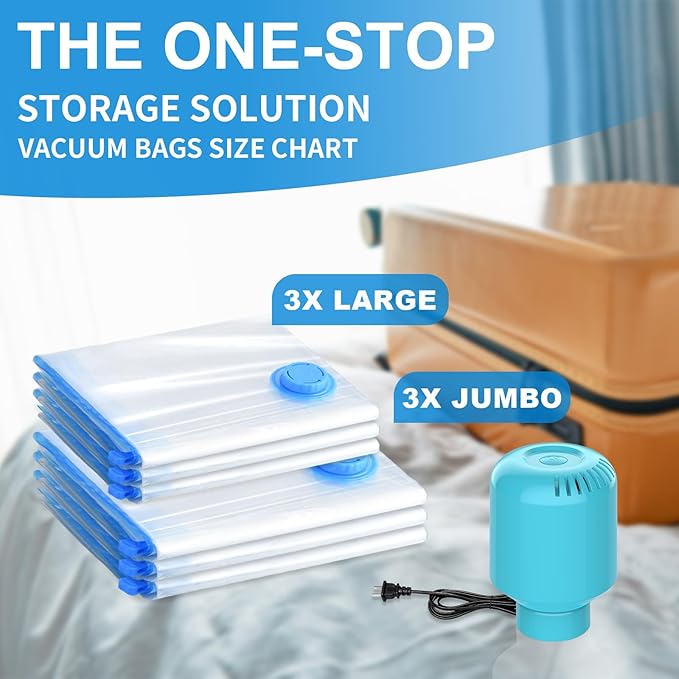 SZO 6 Pack Vacuum Storage Bags With Electric Air Pump,(3 Jumbo/3 Large) Vacuum Seal Bags For Clothing Travel, Space Saver Bags For Luggage, Blankets,Bedding,Moving