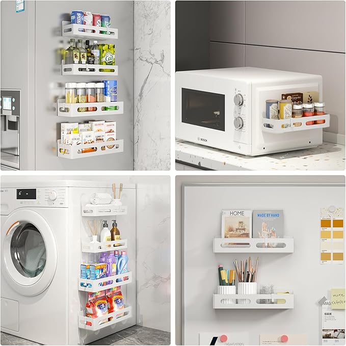 6 Pack Magnetic Spice Rack for Refrigerator, Spice Rack Organizer, Moveable Magnetic Shelf Fridge Organizer with 4 Hooks for Kitchen and Oven Organization, White